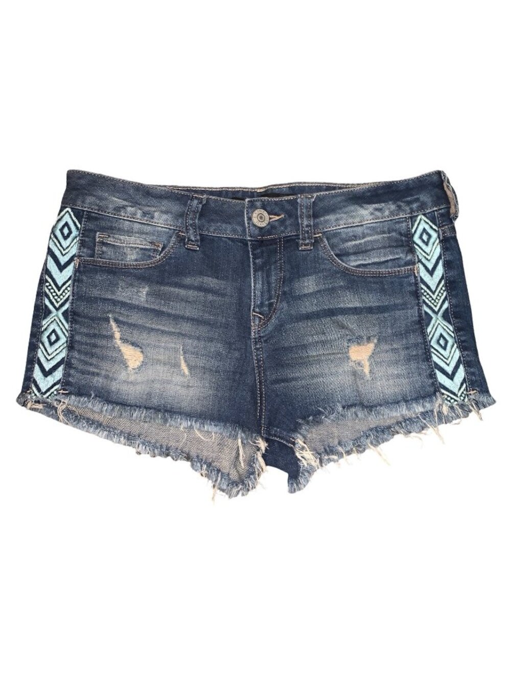 Express Jean Shorts Turquoise Tribal Bohemian Embroidered Side Accented Fringe 4